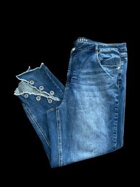 Medium Wash Distressed Jeans w/ Grommet & Chain Details